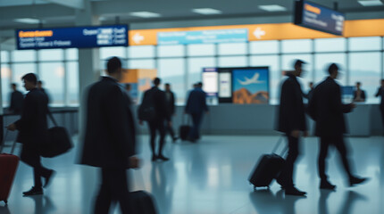 Flight registration area with blurred figures of passengers and a clearly visible departure board