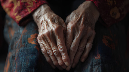 A close-up shot of the wrinkled hands of an elderly person resting on their lap.