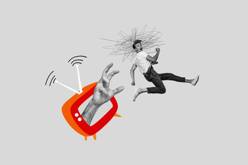 Creative collage picture young man runner escape tv show television antenna broadcasting screen propaganda disinformation fake news