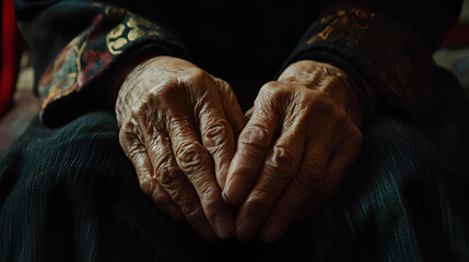 A close-up shot of the wrinkled hands of an elderly person, highlighting the texture and lines of their skin.