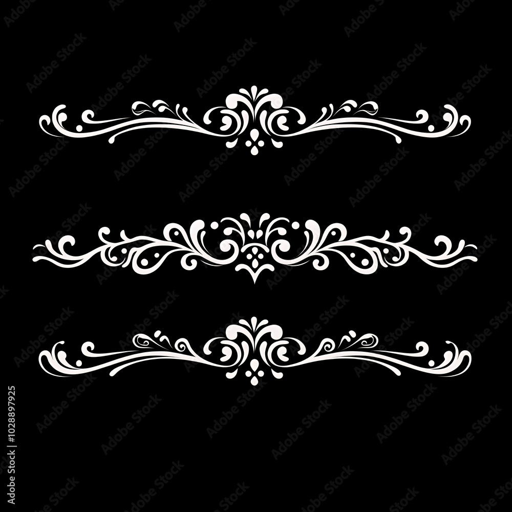 Poster Elegant white floral divider set on black background.