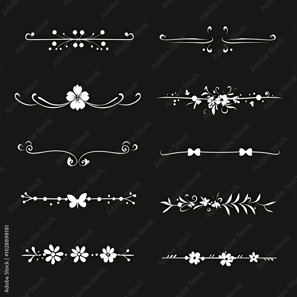 Poster Collection of elegant white floral dividers on a black background.