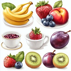 Assortment of fresh fruits on a white background.