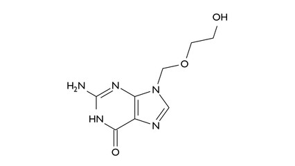 aciclovir molecule, structural chemical formula, ball-and-stick model, isolated image antiviral medication