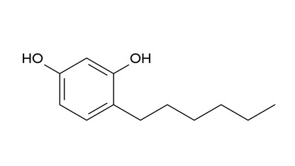 4-hexylresorcinol molecule, structural chemical formula, ball-and-stick model, isolated image anaesthetic