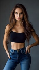 A beautiful woman in jeans, a black top, and long brown hair. She has a slim waist and a perfect body shape
