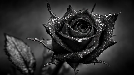 A single black rose with water droplets on its petals and leaves, shot in black and white.