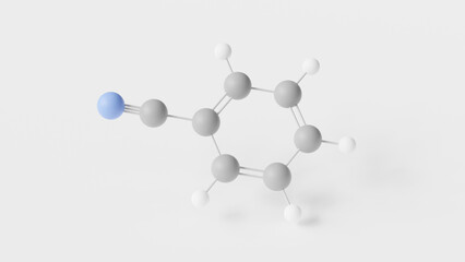 benzonitrile molecule 3d, molecular structure, ball and stick model, structural chemical formula aromatic organic compound