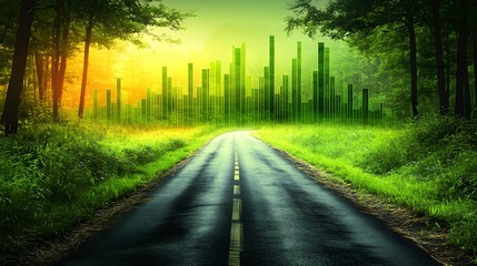 Obraz premium Rising stock graph with a road fading in the distance, capturing financial speed and success