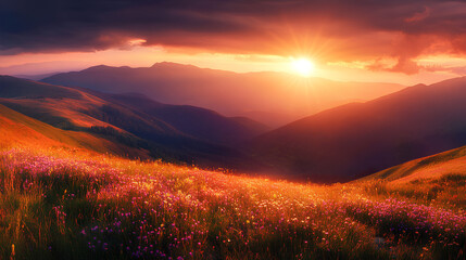 Obraz premium A breathtaking sunset over a mountain range with a foreground of wildflowers in bloom.