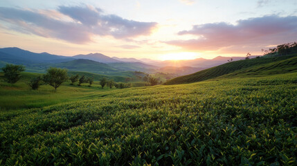 Fototapeta premium serene landscape of rolling tea hills at sunset, showcasing vibrant greenery and distant mountains
