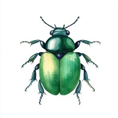 A green bug with a black head and legs