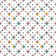 Spring abstract seamless vector pattern with stylised flowers and polka dots in pastel colours. Decorative geometric floral grid texture for wallpaper, prints, fashion fabrics and home decor.