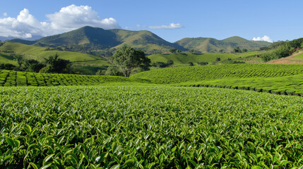 Fototapeta premium Lush green tea fields stretch across rolling hills under clear blue sky