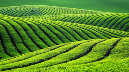 Fototapeta premium Lush green tea fields create serene landscape with rolling hills