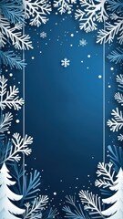 Elegant winter frame with paper-cut snowflakes and trees on a dark blue background, perfect for holiday and seasonal designs