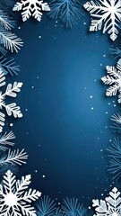 Elegant winter frame with paper-cut snowflakes and trees on a dark blue background, perfect for holiday and seasonal designs