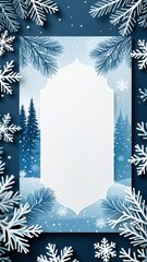 Elegant winter frame with paper-cut snowflakes and trees on a dark blue background, perfect for holiday and seasonal designs