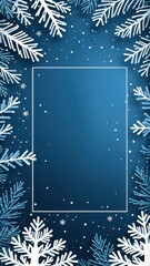 Elegant winter frame with paper-cut snowflakes and trees on a dark blue background, perfect for holiday and seasonal designs