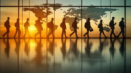 Stock market graph with business people in motion, blurred world map representing global trade growth and business expansion