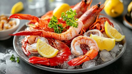 Fresh Seafood Platter with Lobster, Shrimp, Lemon, and Parsley on Ice