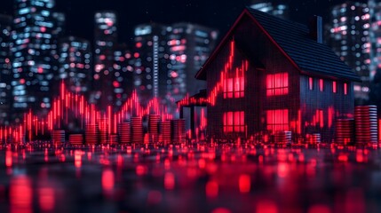 Naklejka premium House model surrounded by stacks of coins with a glowing upward trending graph hologram, representing real estate growth