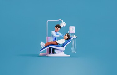 A cartoon dentist in a white coat examines a patient in a dental chair.