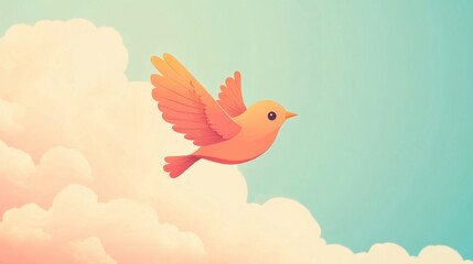 Obraz premium A cartoon bird with orange and yellow feathers flying in a blue sky with white clouds.