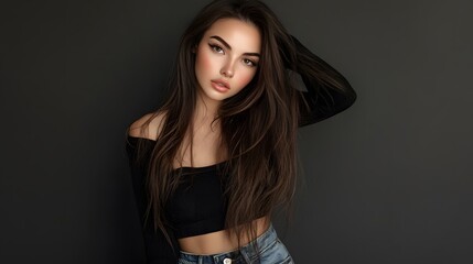 Naklejka premium A beautiful woman in jeans, a black top, and long brown hair. She has a slim waist and a perfect body shape