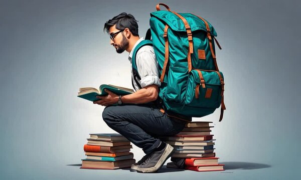 In a serene learning environment, a determined student dives into his studies, surrounded by towering stacks of books. His heavy backpack symbolizes dedication and ambition