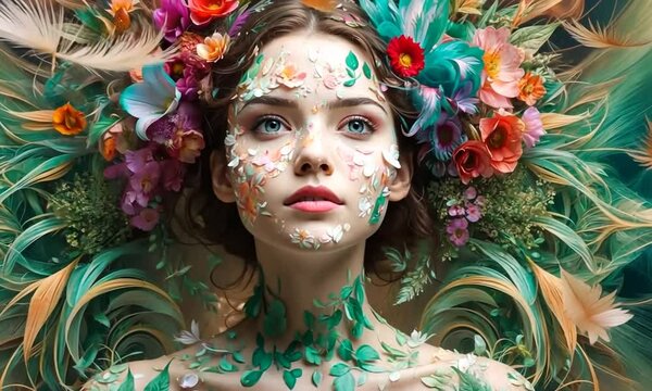 A breathtaking portrayal combines elements of nature and exquisite artistry. Delicate flowers and leaves adorn the model's face and hair, creating a stunning representation of beauty and tranquility