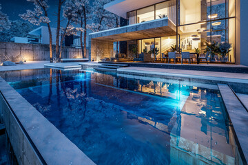 3d rendering of flat roof house with parking and pool for sale or rent with concrete facade and beautiful landscaping on background. Cool winter night with stars and snow in sky