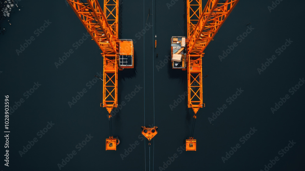 Wall mural closeup of two large orange cranes lifting materials over dark surface, showcasing their intricate s