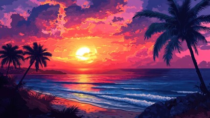 Stunning sunset on a tropical beach, with palm trees silhouetted against the orange and pink sky, and the ocean waves gently rolling in