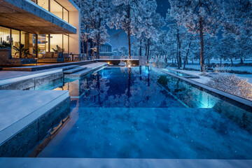 3d rendering of flat roof house with parking and pool for sale or rent with concrete facade and beautiful landscaping on background. Cool winter night with stars and snow in sky