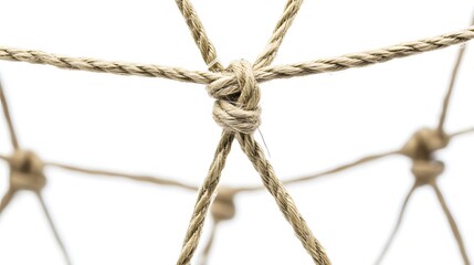 Complex web of interconnected ropes symbolizing intricate business relationships and antitrust challenges, with a focused foreground rope representing the effort to break monopolies.