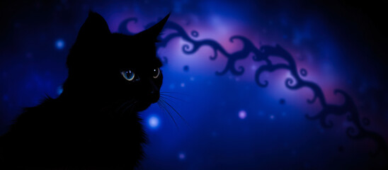 silhouetted black cat with glowing eyes