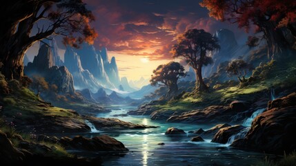 Peaceful Sunset River in the Mountains