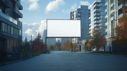Obraz premium Large blank billboard on a clean, wide city sidewalk with modern high-rise apartments in the background