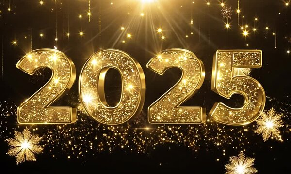 Golden "2025" numbers with sparkling lights and fireworks on a dark festive background, symbolizing New Year’s celebration.