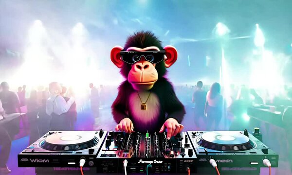 DJ monkey wearing sunglasses and headphones, performing in a vibrant nightclub with colorful lights and a lively crowd.