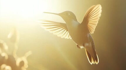 Obraz premium A hummingbird in flight, silhouetted against a golden sunset, with blurred foliage in the background.
