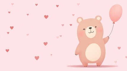 A cute cartoon bear holding a pink balloon with pink hearts scattered across a light pink background.