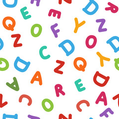 Cute colorful alphabet vector cartoon seamless pattern on a white background.