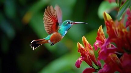 Naklejka premium A vibrant hummingbird with outstretched wings hovers near a cluster of red and yellow flowers against a green background.
