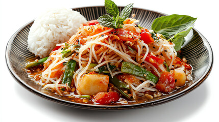 Delicious vegetable stir-fry with rice on a stylish plate.