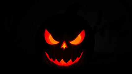 Fototapeta premium glowing jack-o'-lantern with an evil grin stares into the darkness