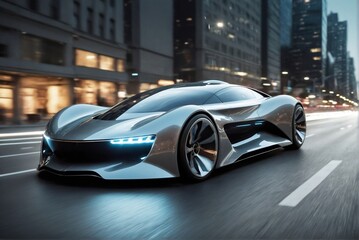 Fototapeta premium Futuristic cyber car running in a city at night with copy space, super speed, motion blur.