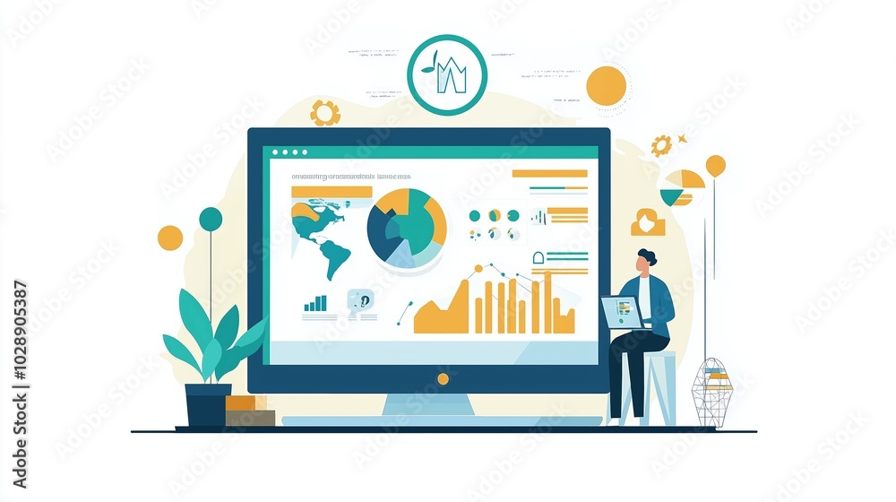 Poster a person analyzing data on a computer with various charts and graphs in a bright, modern workspace d
