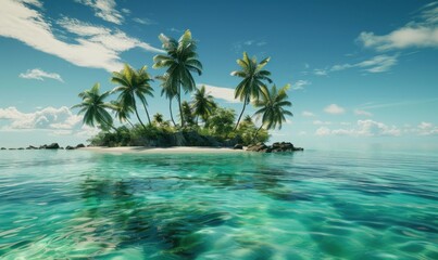 Serene tropical island with a crystal-clear lagoon, 4K hyperrealistic photo.